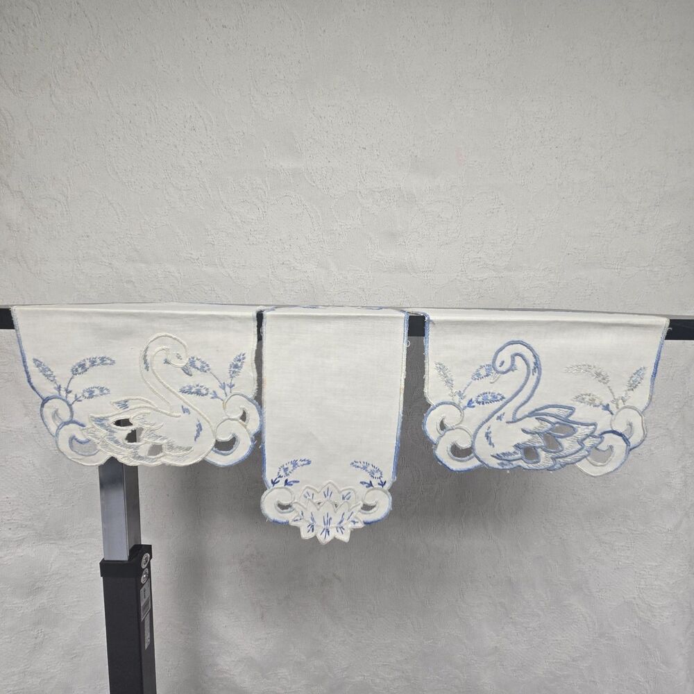 Embroidered Swan His Her Tea Towels Table Runner Retro Linens Brunch Bridgerton